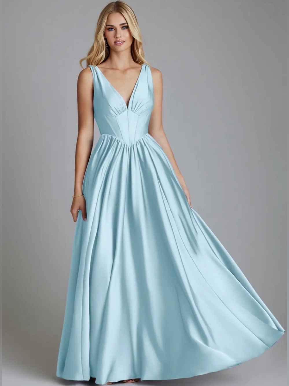 Azazie Delmie Floor Length Corset Gown/Dress in Sky Blue Stretch Satin